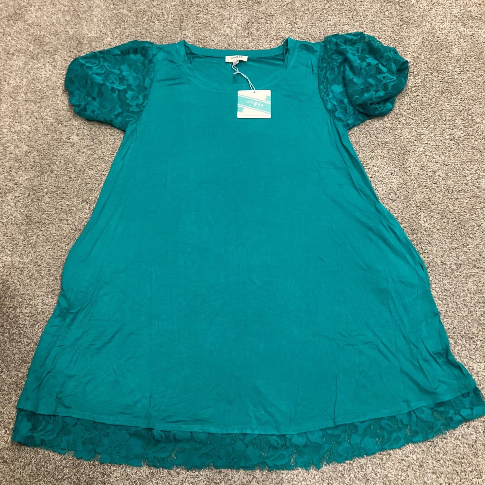 Umgee USA Teal Green Lace Puff Sleeve Dress Pockets NEW Small Cottagecore Boho